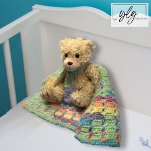 Baby Lovey Small Security Blanket Soft Multicolor Crochet Teddy Bear with Scarf